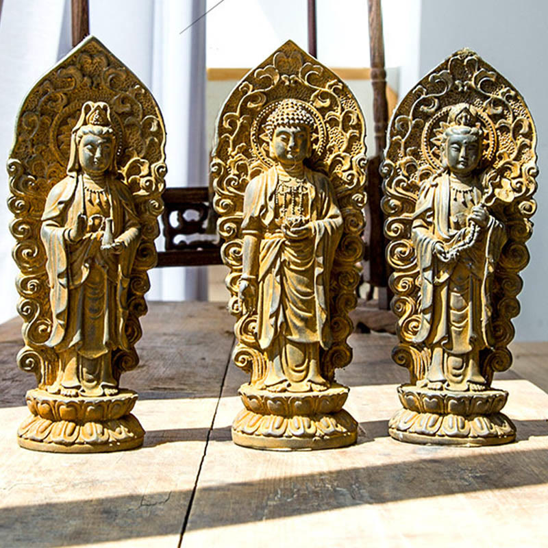 Buddha Stones Handmade Amitabha Guanyin Avalokitesvara Mahasthamaprapta Iron Powder Rust Cast Resin Statue Decoration