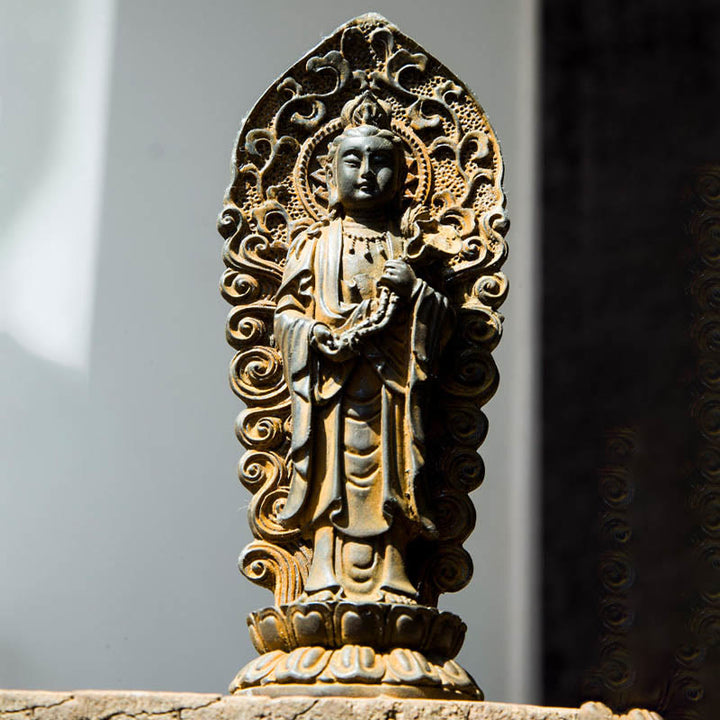 Buddha Stones Handmade Amitabha Guanyin Avalokitesvara Mahasthamaprapta Iron Powder Rust Cast Resin Statue Decoration - image 4