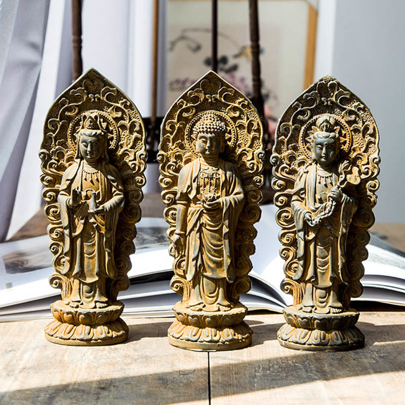 Buddha Stones Handmade Amitabha Guanyin Avalokitesvara Mahasthamaprapta Iron Powder Rust Cast Resin Statue Decoration