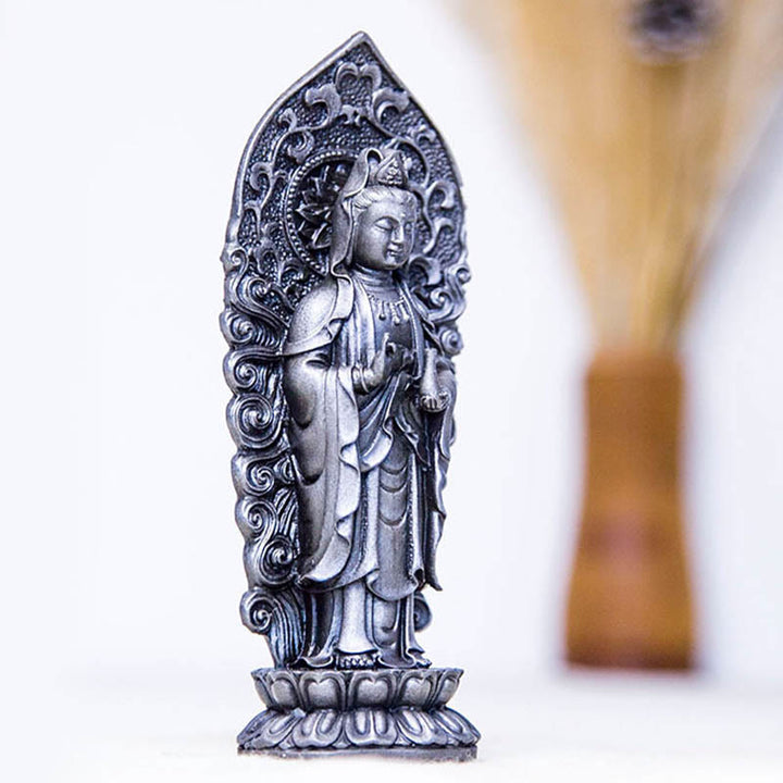 Buddha Stones Handmade Amitabha Guanyin Avalokitesvara Mahasthamaprapta Iron Powder Rust Cast Resin Statue Decoration