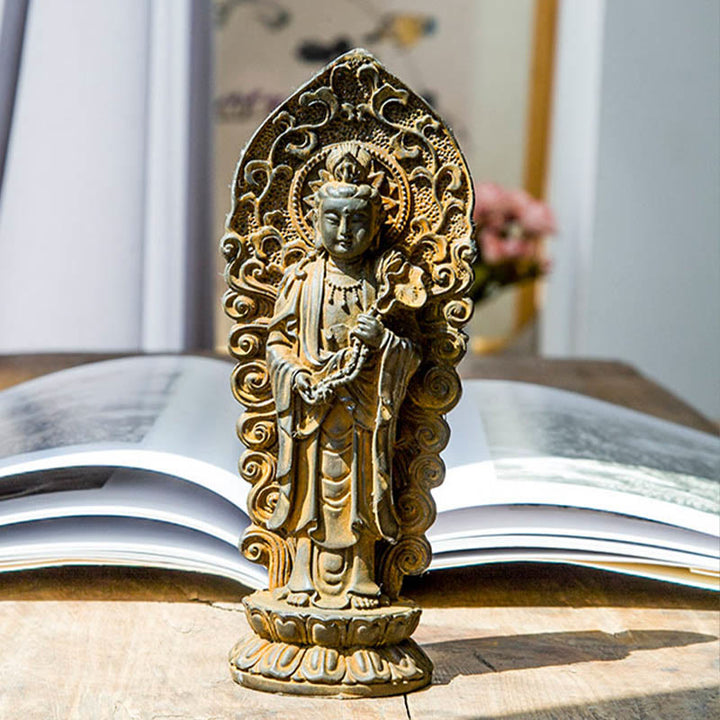 Buddha Stones Handmade Amitabha Guanyin Avalokitesvara Mahasthamaprapta Iron Powder Rust Cast Resin Statue Decoration