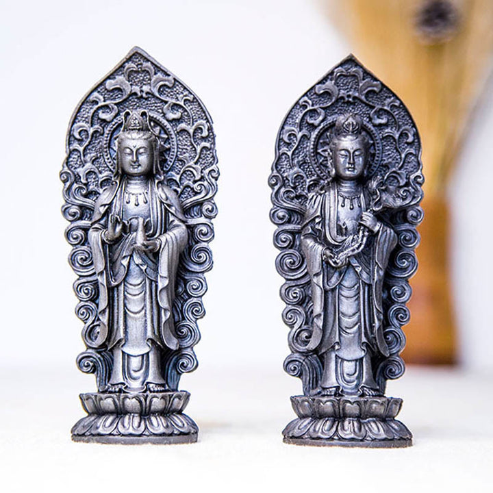 Buddha Stones Handmade Amitabha Guanyin Avalokitesvara Mahasthamaprapta Iron Powder Rust Cast Resin Statue Decoration