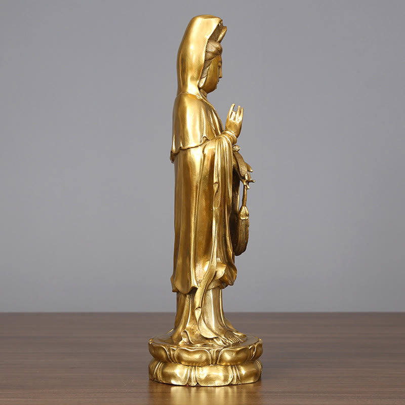 Buddha Stones Golden Standing Kwan Yin Avalokitesvara Wealth Brass Copper Statue Home Desk Decoration