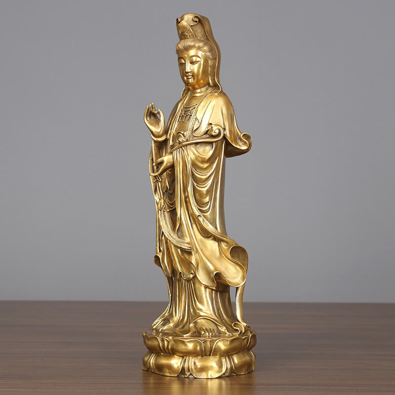 Buddha Stones Golden Standing Kwan Yin Avalokitesvara Wealth Brass Copper Statue Home Desk Decoration - image 2
