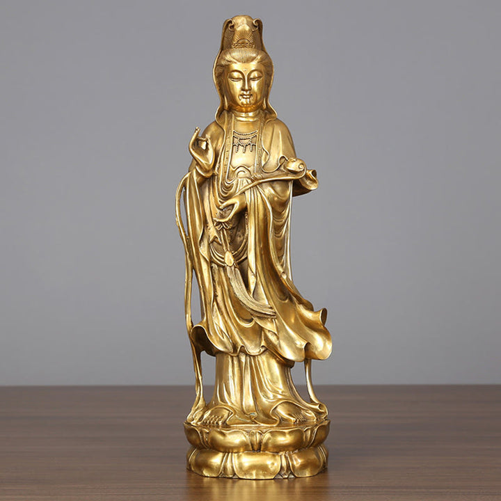 Buddha Stones Golden Standing Kwan Yin Avalokitesvara Wealth Brass Copper Statue Home Desk Decoration - Avalokitesvara 14*44.5cm - image 0
