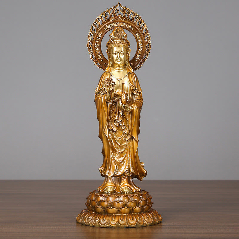 Buddha Stones Kwan Yin Avalokitesvara Lotus Aura Success Brass Copper Statue Home Decoration - Avalokitesvara 19*45cm - image 0