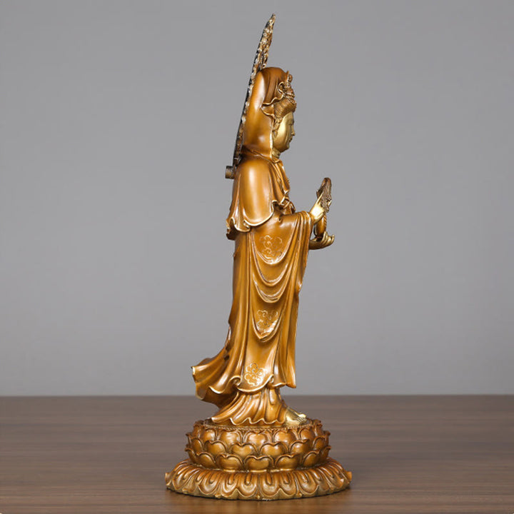 Buddha Stones Kwan Yin Avalokitesvara Lotus Aura Success Brass Copper Statue Home Decoration