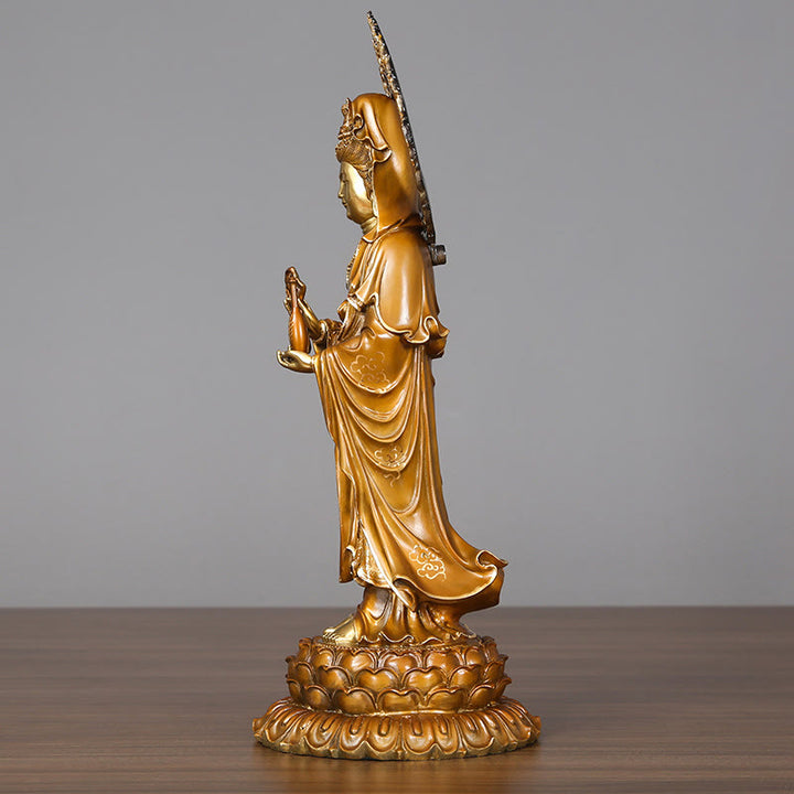 Buddha Stones Kwan Yin Avalokitesvara Lotus Aura Success Brass Copper Statue Home Decoration