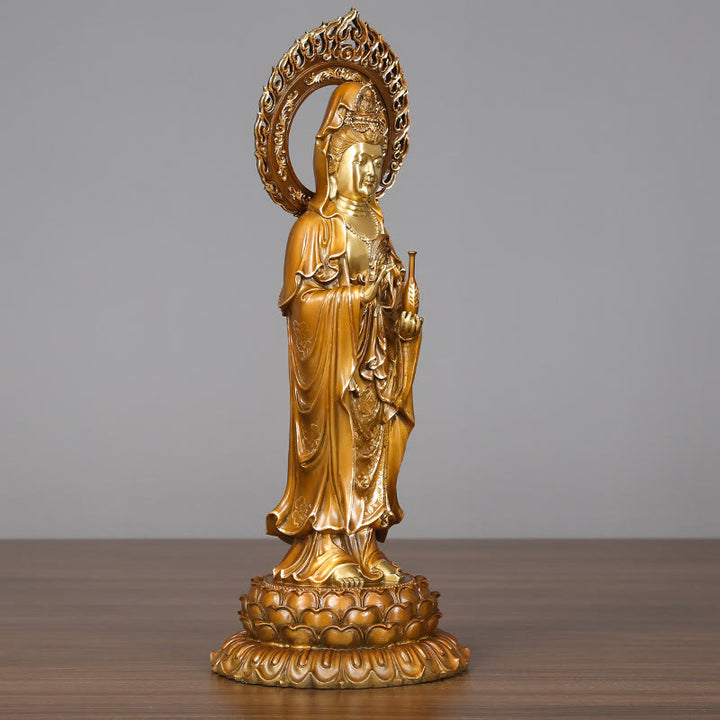 Buddha Stones Kwan Yin Avalokitesvara Lotus Aura Success Brass Copper Statue Home Decoration