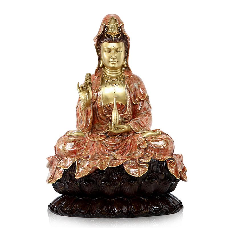Buddha Stones Kwan Yin Avalokitesvara Lotus Sitting Harmony Brass Copper Statue Home Altar Decoration - Light Pink Avalokitesvara 27*25*41cm - image 17