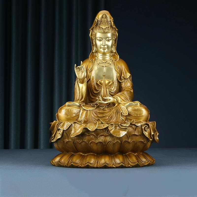 Buddha Stones Kwan Yin Avalokitesvara Lotus Sitting Harmony Brass Copper Statue Home Altar Decoration - Golden Avalokitesvara 27*25*41cm - image 0