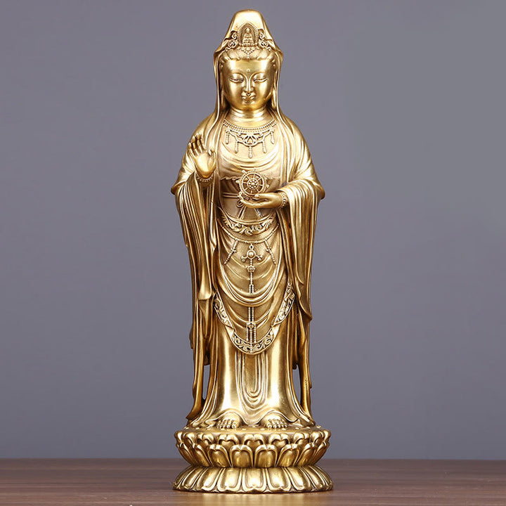 Buddha Stones Kwan Yin Avalokitesvara Holding The Dharma Wheel Wealth Brass Copper Statue Decoration - Avalokitesvara 17.5*14*38.5cm - image 8