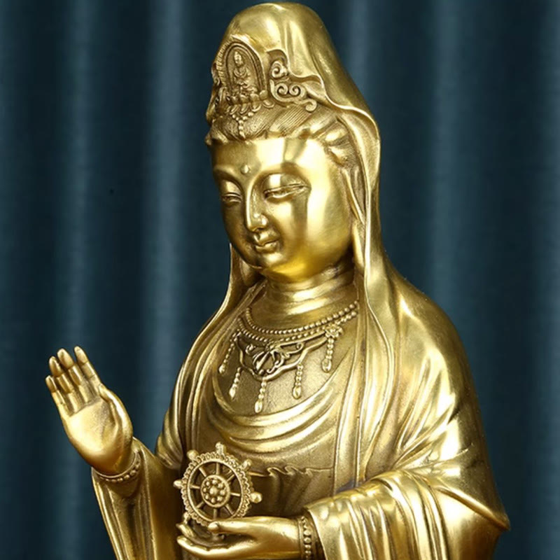 Buddha Stones Kwan Yin Avalokitesvara Holding The Dharma Wheel Wealth Brass Copper Statue Decoration