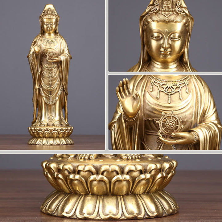 Buddha Stones Kwan Yin Avalokitesvara Holding The Dharma Wheel Wealth Brass Copper Statue Decoration