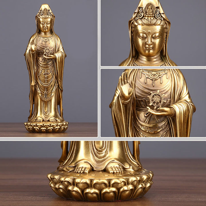 Buddha Stones Kwan Yin Avalokitesvara Holding The Dharma Wheel Wealth Brass Copper Statue Decoration - image 3