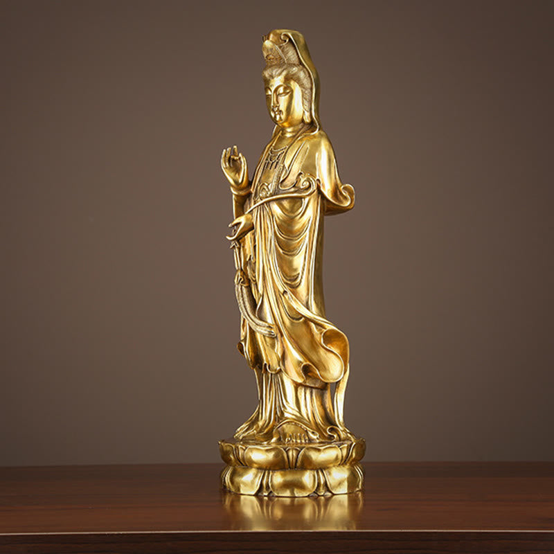 Buddha Stones Kwan Yin Avalokitesvara Holding The Dharma Wheel Wealth Brass Copper Statue Decoration