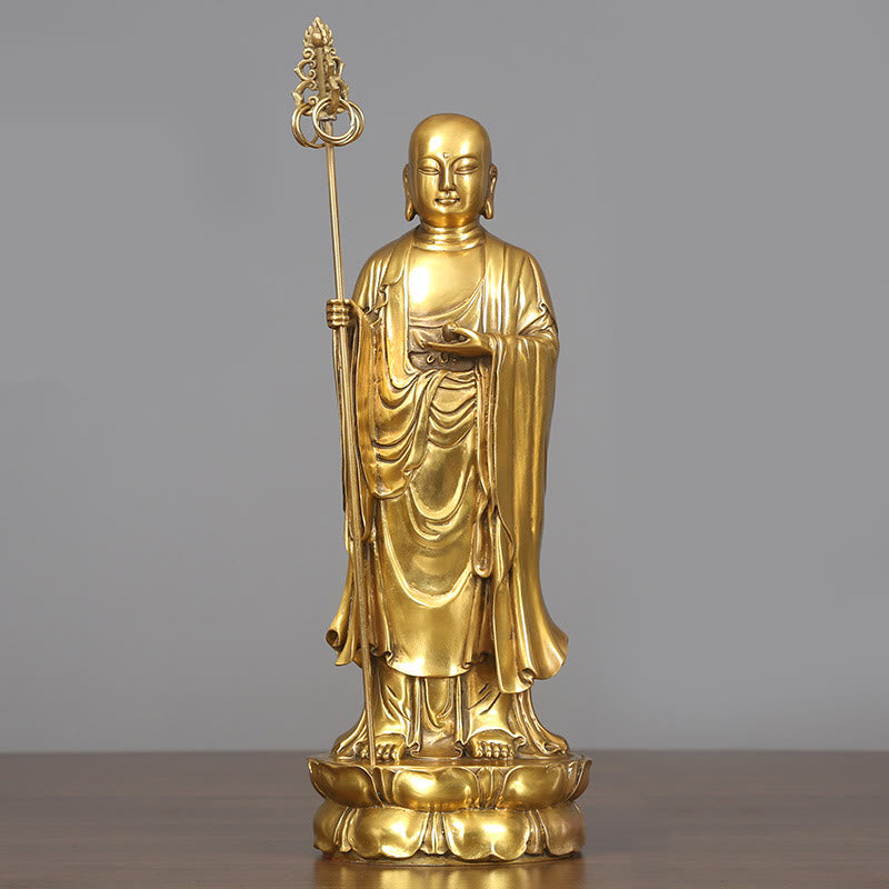 Buddha Stones Ksitigarbha Bodhisattva Figurine Compassion Copper Statue Home Offering Decoration