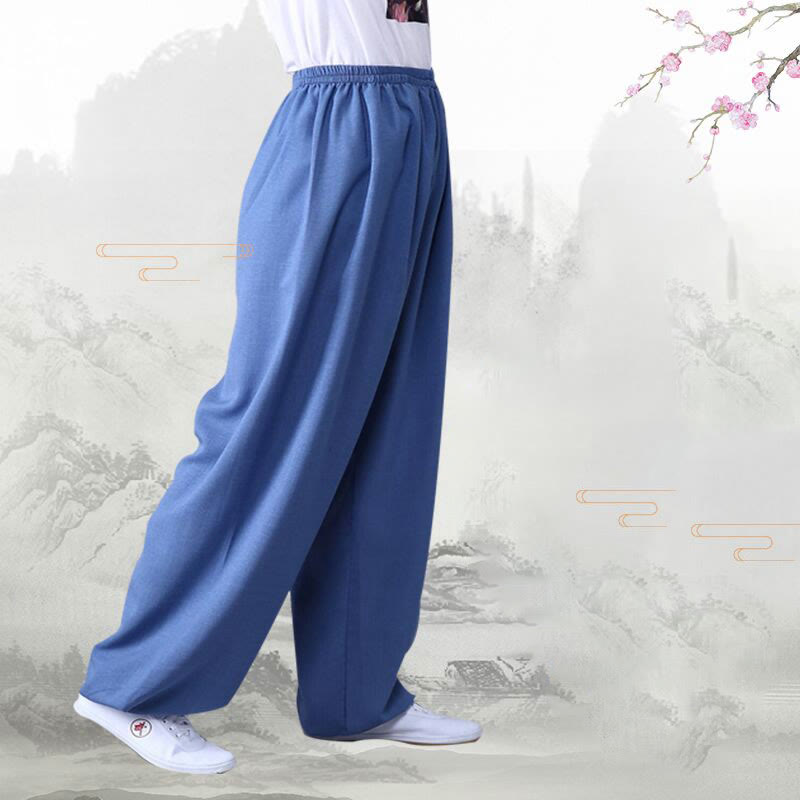 Buddha Stones Summer Elastic Waist Tai Chi Qigong Practice Cotton Linen Unisex Pants