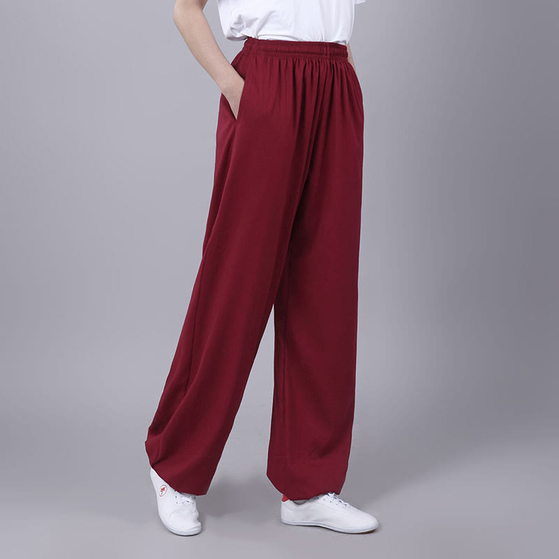 Buddha Stones Summer Unisex Elastic Waist Tai Chi Qigong Practice Breathable  Pants With Pockets - IndianRed - 3XL-FIT FOR US/UK/AU/EU-2XL - image 13