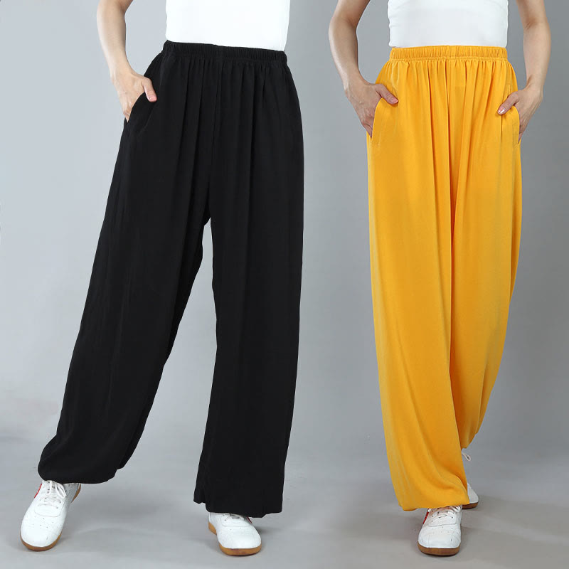 Buddha Stones Summer Unisex Elastic Waist Tai Chi Kung Fu Qigong Practice Breathable Pants With Pockets - image 0