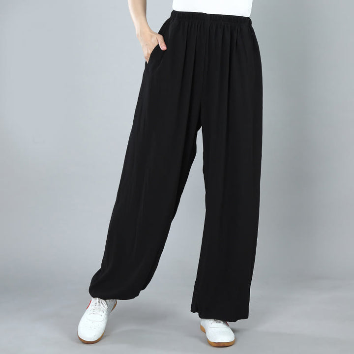 Buddha Stones Summer Unisex Elastic Waist Tai Chi Kung Fu Qigong Practice Cotton Breathable Pants With Pockets - Black - 3XL-FIT FOR US/UK/AU/EU-2XL - image 2