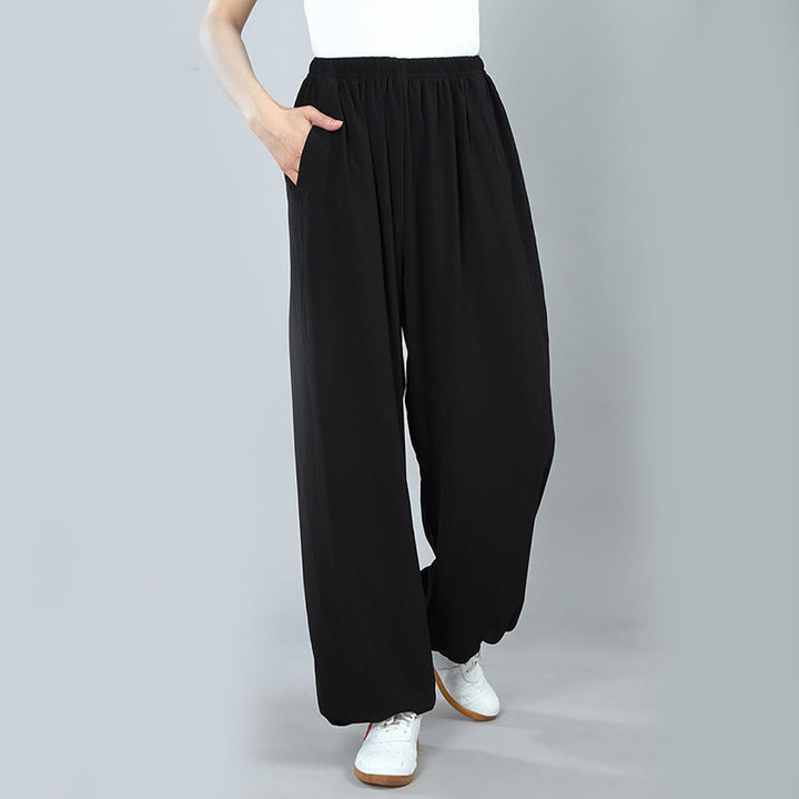 Buddha Stones Summer Unisex Elastic Waist Tai Chi Kung Fu Qigong Practice Cotton Breathable Pants With Pockets - image 3