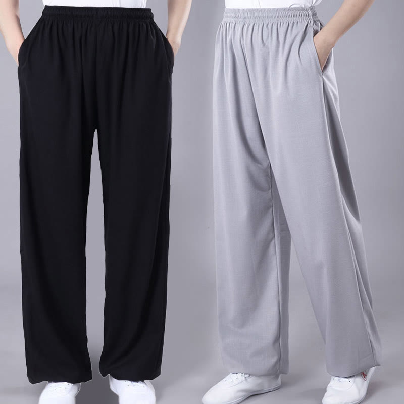 Buddha Stones Summer Unisex Elastic Waist Tai Chi Qigong Practice Breathable Cotton Linen Pants With Pockets - image 0