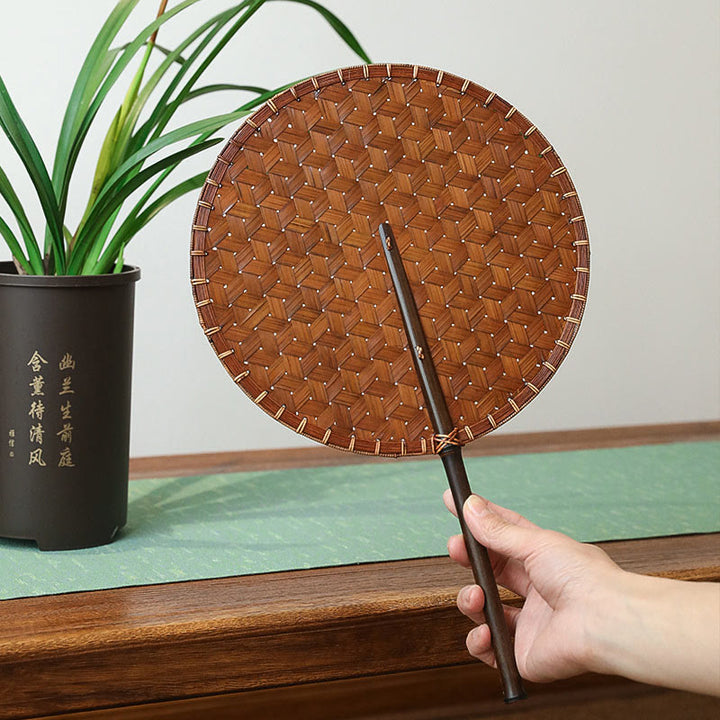 Buddha Stones Vintage Chinese Style Handmade Round Octagonal Shaped Bamboo Long Handle Fan