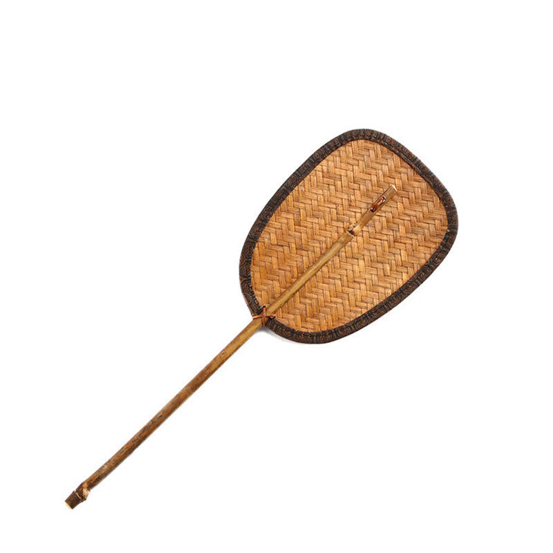 Buddha Stones Summer Retro Chinese Style Handmade Bamboo Woven Round Banana Shape Long Handle Fan