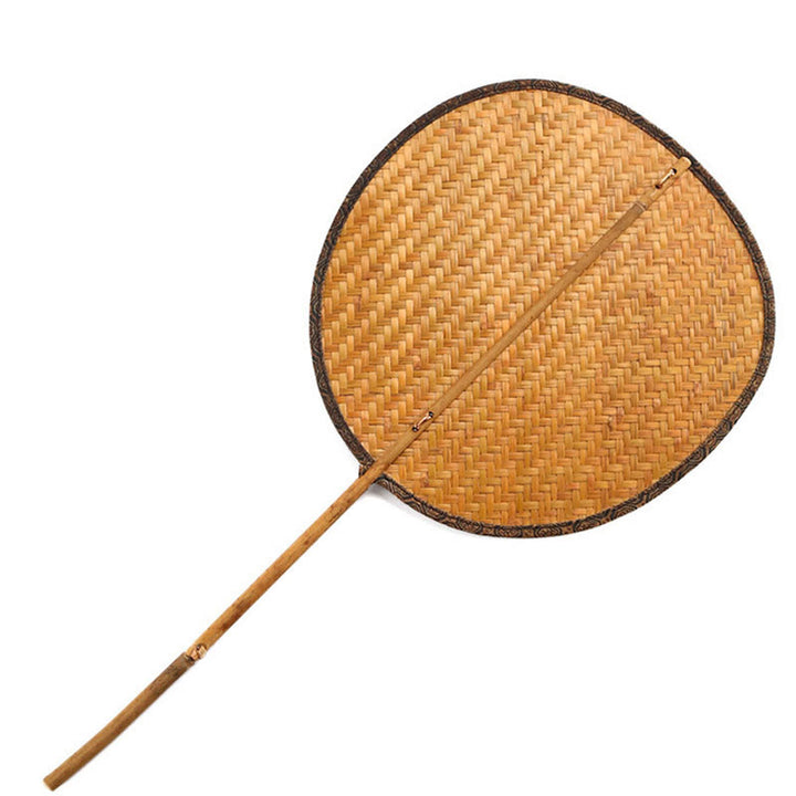 Buddha Stones Summer Retro Chinese Style Handmade Bamboo Woven Round Banana Shape Long Handle Fan