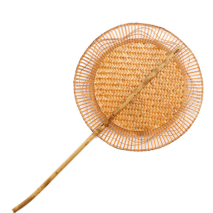 Buddha Stones Summer Retro Chinese Style Handmade Bamboo Woven Round Banana Shape Long Handle Fan