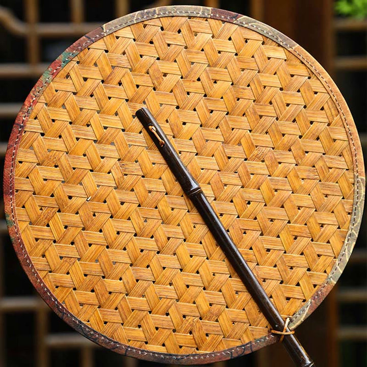 Buddha Stones Summer Retro Chinese Style Handmade Bamboo Woven Round Banana Shape Long Handle Fan