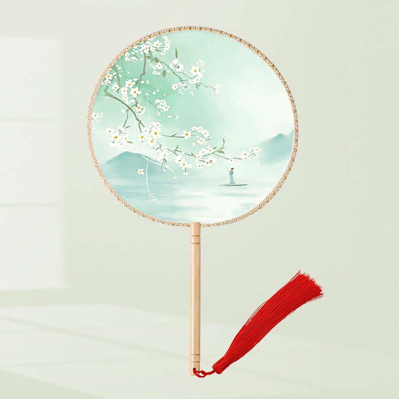 Buddha Stones Ginkgo Leaf Koi Fish Cherry Blossom Spring Flowers Handheld Wood Handle Fan