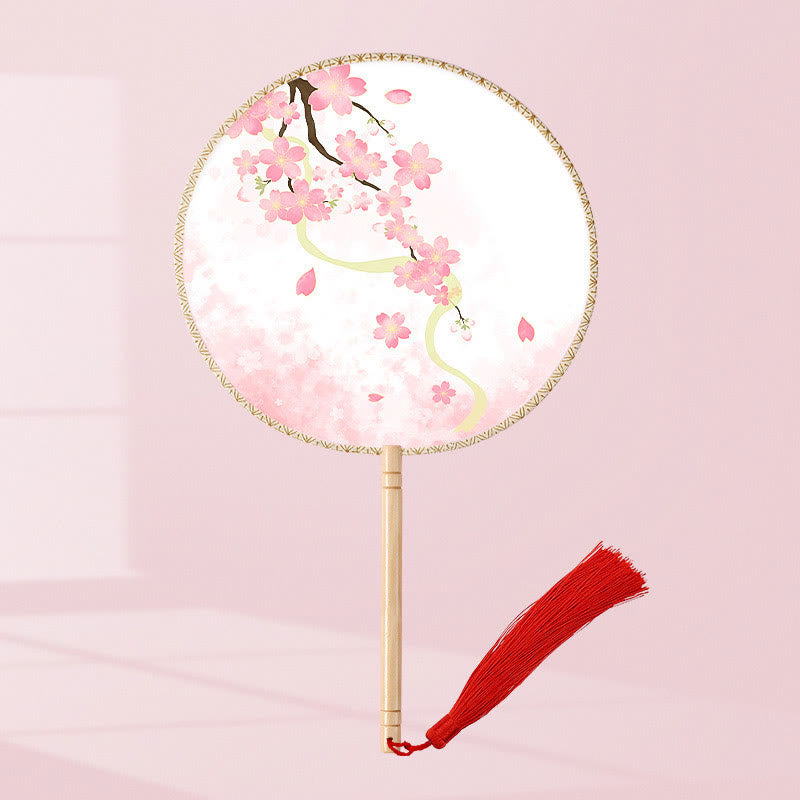 Buddha Stones Ginkgo Leaf Koi Fish Cherry Blossom Spring Flowers Handheld Wood Handle Fan