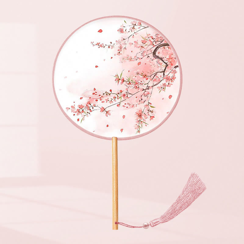 Buddha Stones Ginkgo Leaf Koi Fish Cherry Blossom Spring Flowers Handheld Wood Handle Fan