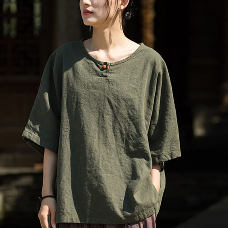 Buddha Stones Causal Half Sleeve Ramie Linen Cotton T-shirt Tee