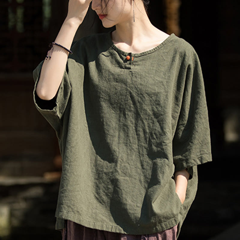 Buddha Stones Causal Half Sleeve Ramie Linen Cotton T-shirt Tee