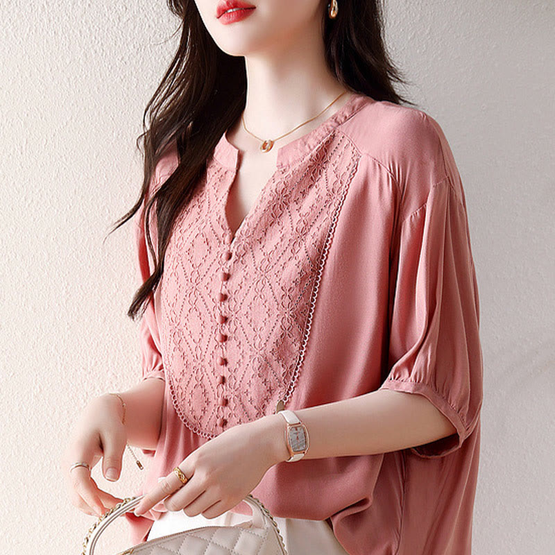 Buddha Stones V-Neck Pink Buttons Design Half Sleeve T-shirt Tee - image 3