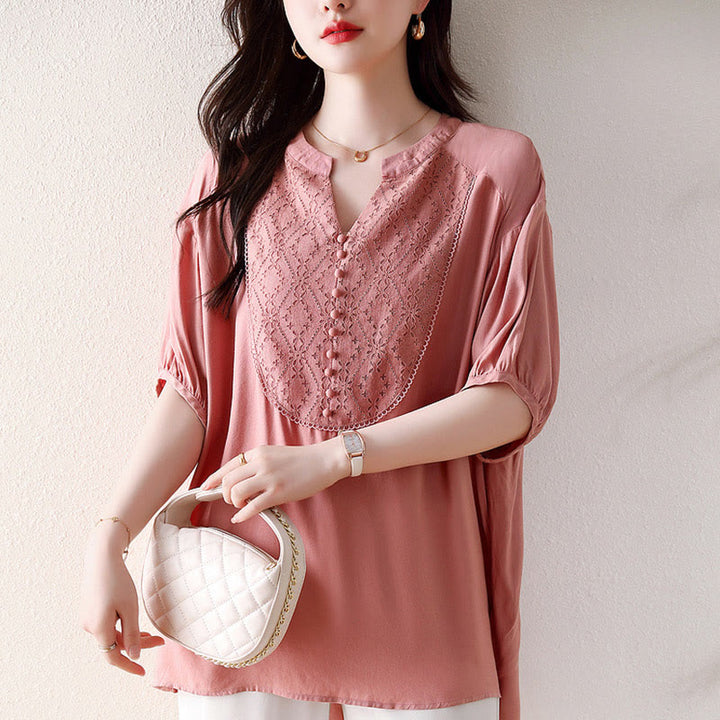Buddha Stones V-Neck Pink Buttons Design Half Sleeve T-shirt Tee - image 5