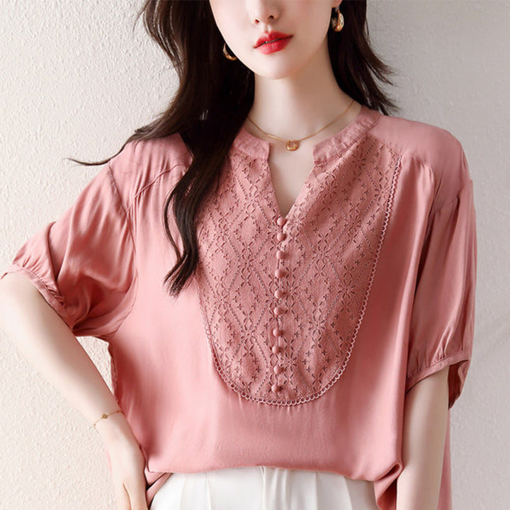 Buddha Stones V-Neck Pink Buttons Design Half Sleeve T-shirt Tee - image 12