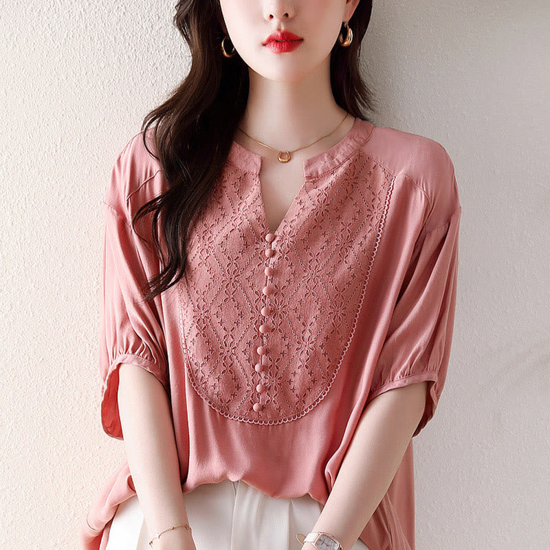 Buddha Stones V-Neck Pink Buttons Design Half Sleeve T-shirt Tee - image 11