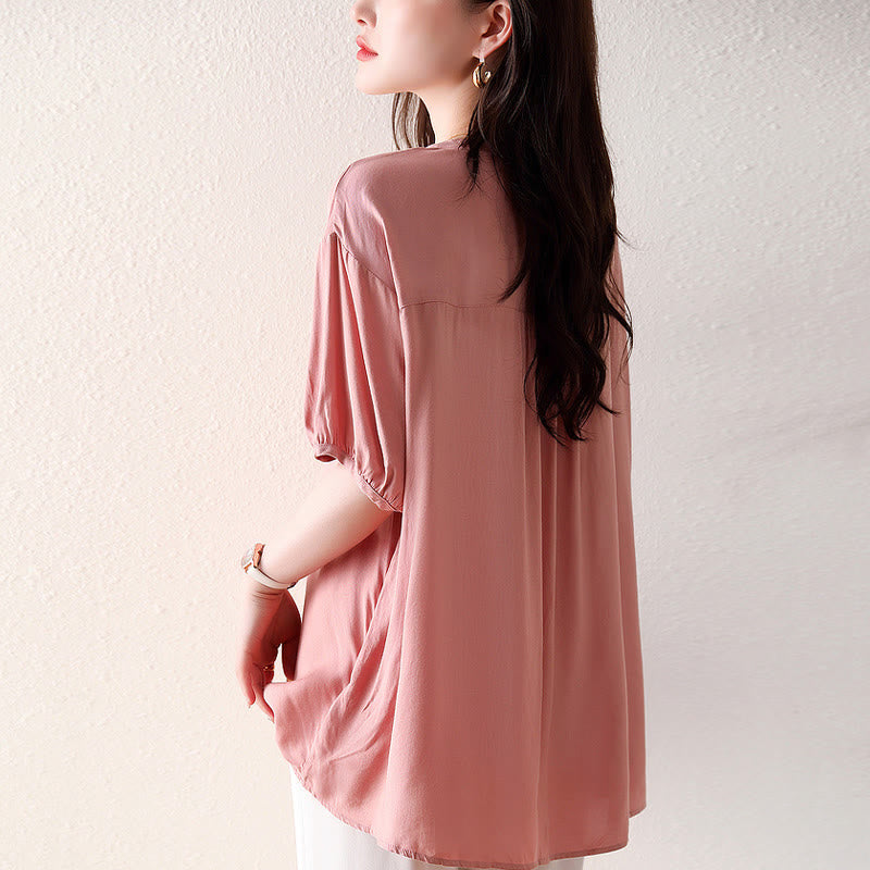 Buddha Stones V-Neck Pink Buttons Design Half Sleeve T-shirt Tee - image 2