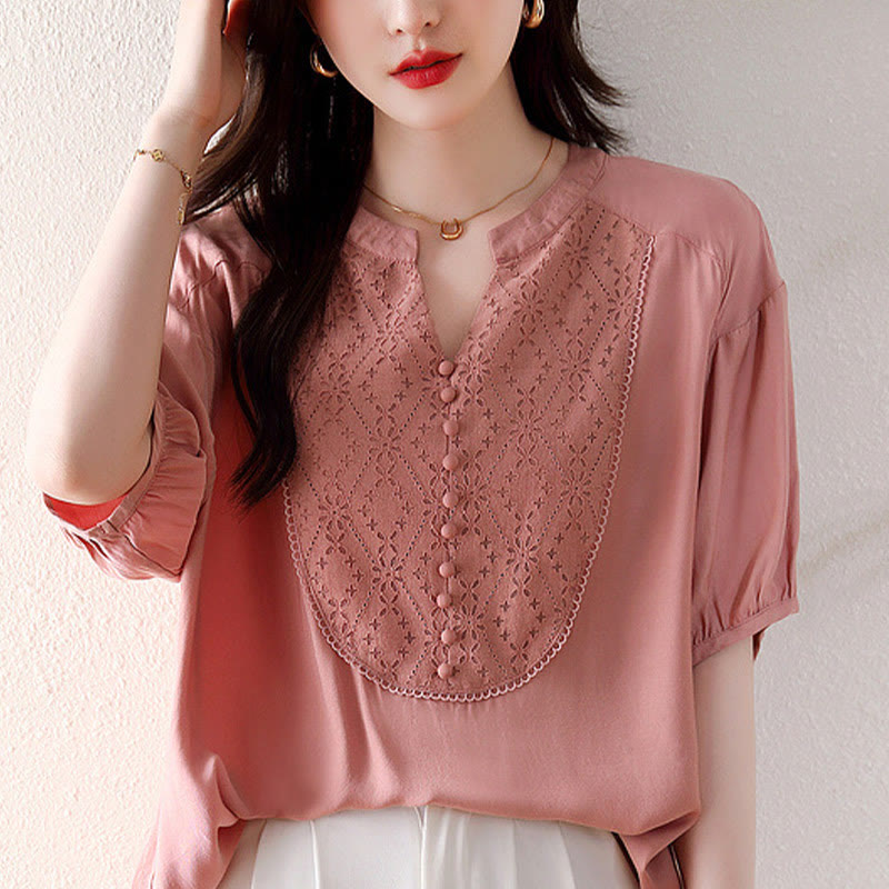 Buddha Stones V-Neck Pink Buttons Design Half Sleeve T-shirt Tee - image 13