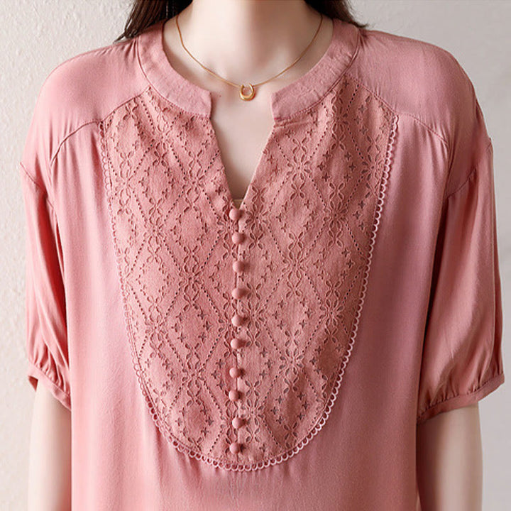 Buddha Stones V-Neck Pink Buttons Design Half Sleeve T-shirt Tee - image 6