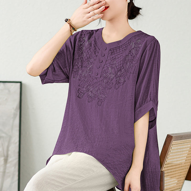 Buddha Stones Buttons Embroidery Design Thin Half Sleeve T-shirt Tee