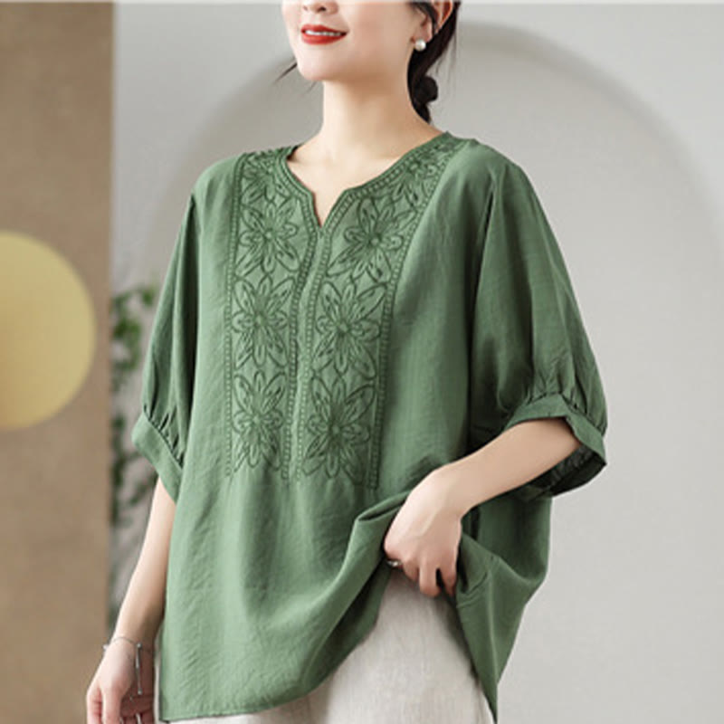 Buddha Stones Flower Embroidery Design Half Sleeve Cotton Linen T-shirt Tee - image 8