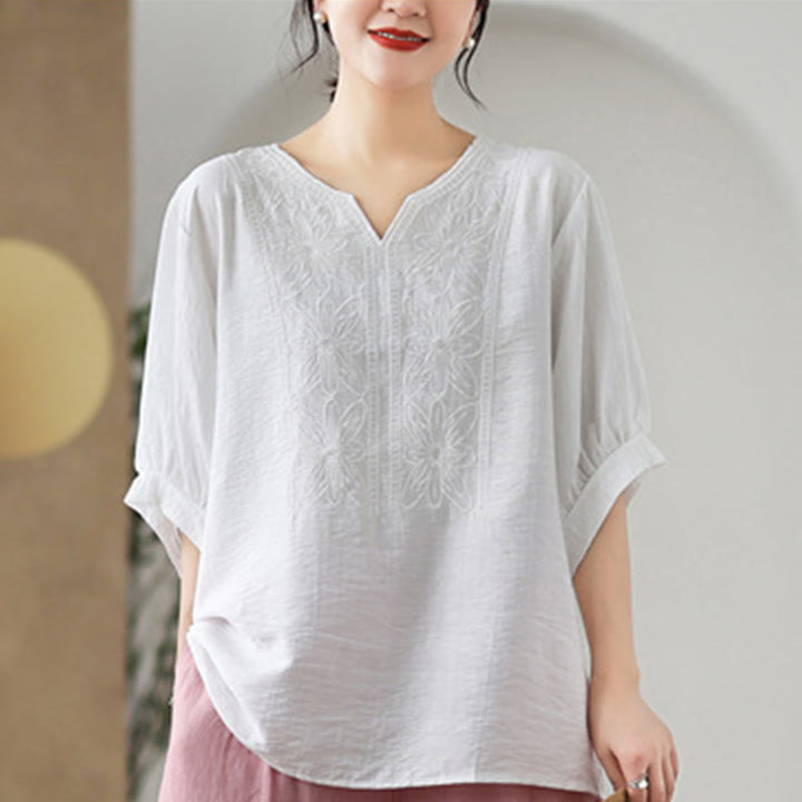 Buddha Stones Flower Embroidery Design Half Sleeve Cotton Linen T-shirt Tee - image 21