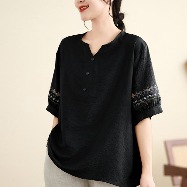 Buddha Stones Vintage Half Sleeve Embroidery Design Cotton Linen T-shirt Tee - Black - US4-6，UK/AU8-10，EU36-38 (F) - image 4