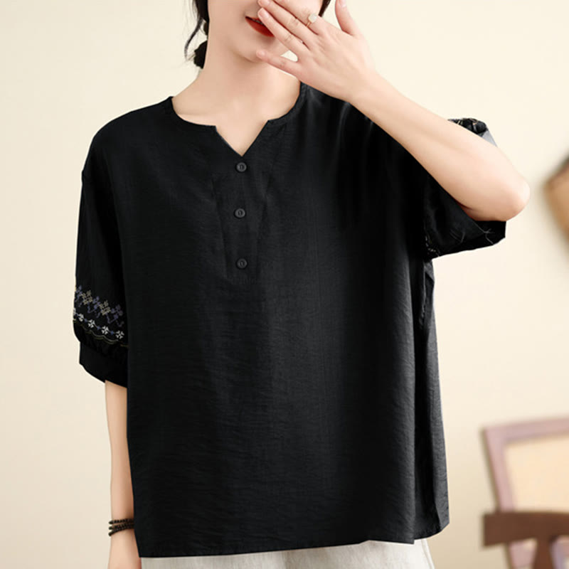 Buddha Stones Vintage Half Sleeve Embroidery Design Cotton Linen T-shirt Tee - image 6