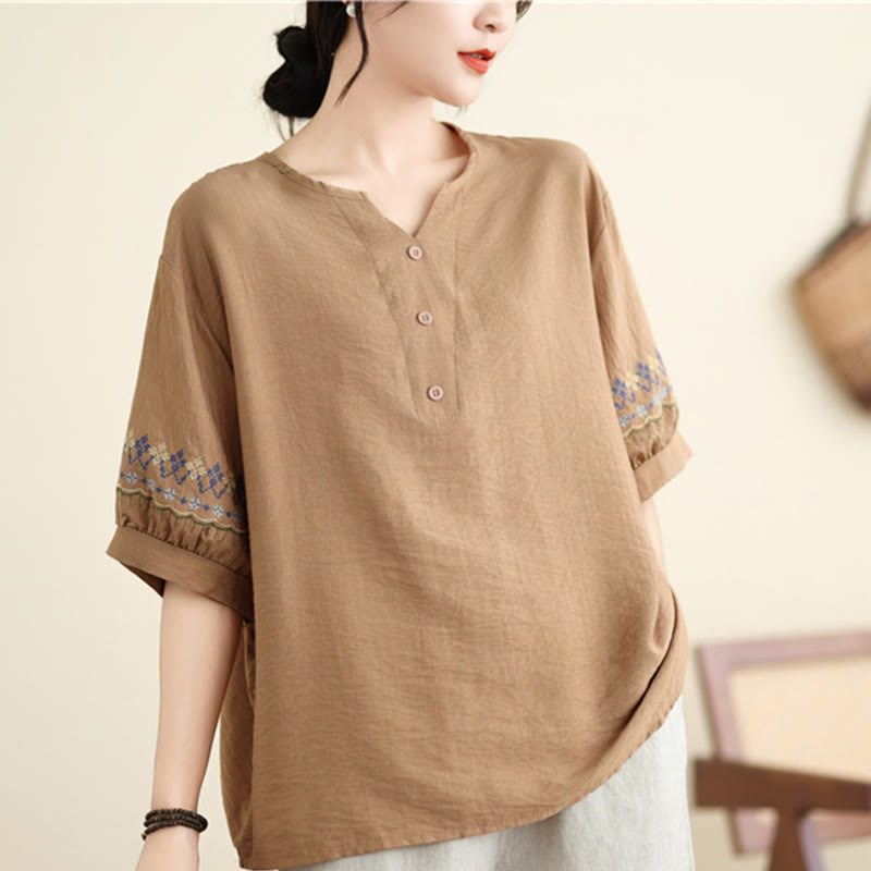 Buddha Stones Vintage Half Sleeve Embroidery Design Cotton Linen T-shirt Tee